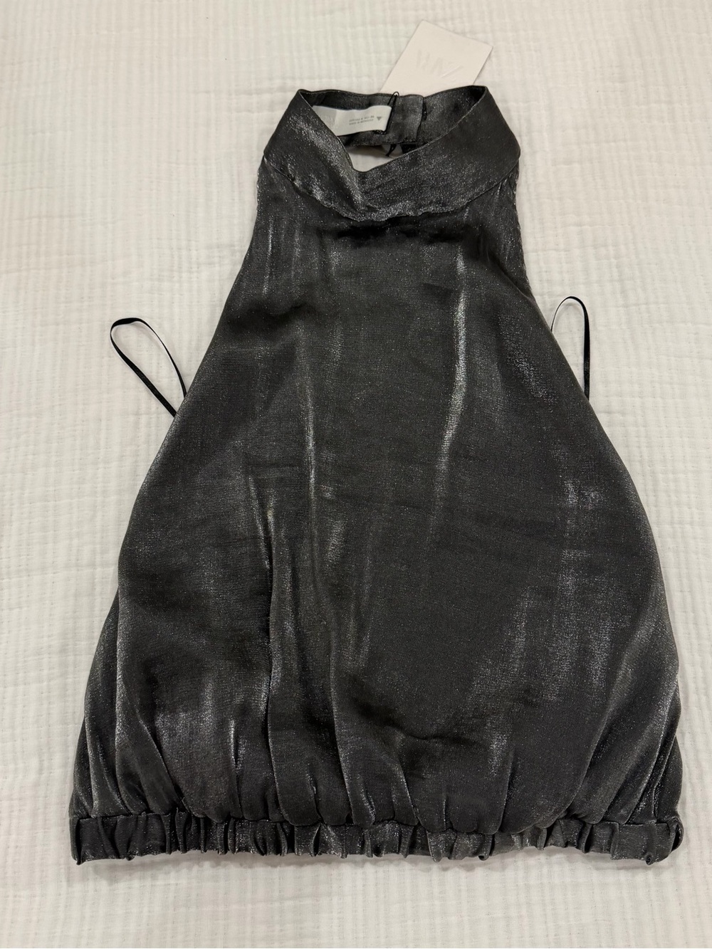 zara metallic silver open back halter top